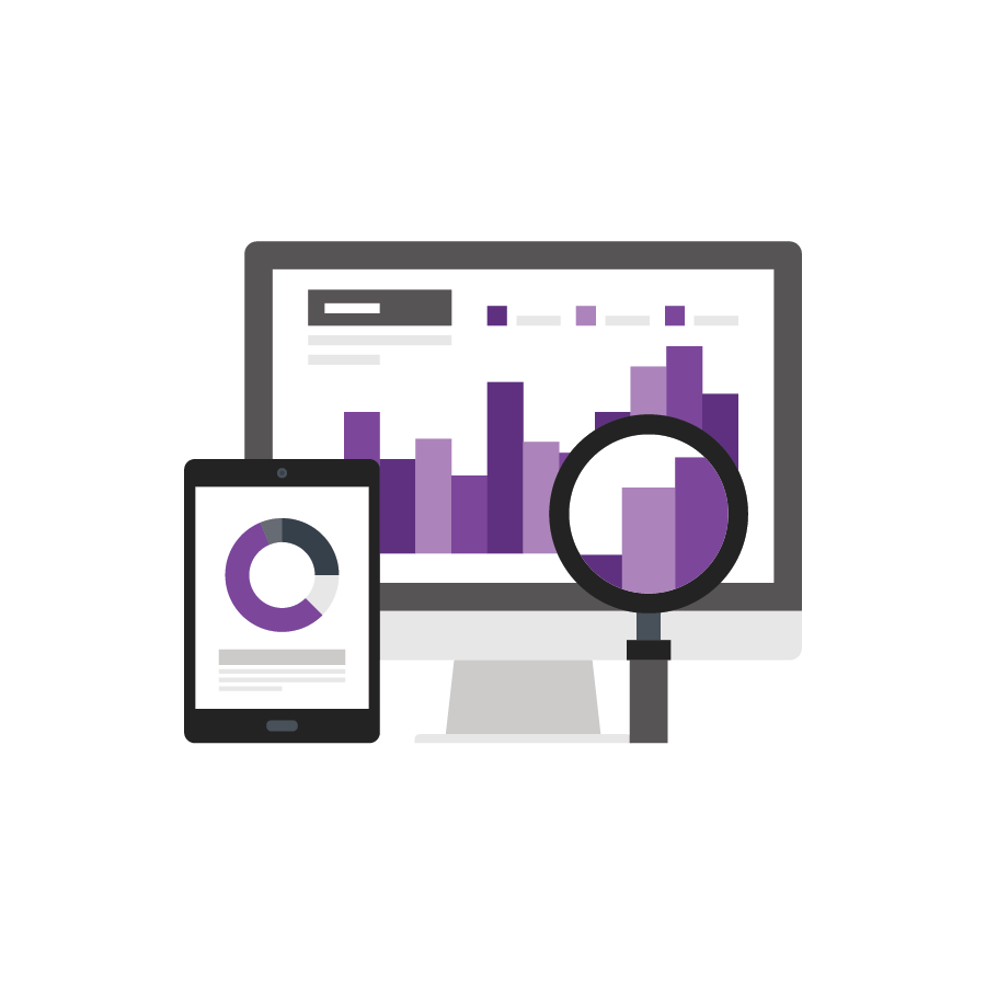 illustrative icon of computer screen and tablet displaying charts and graphs