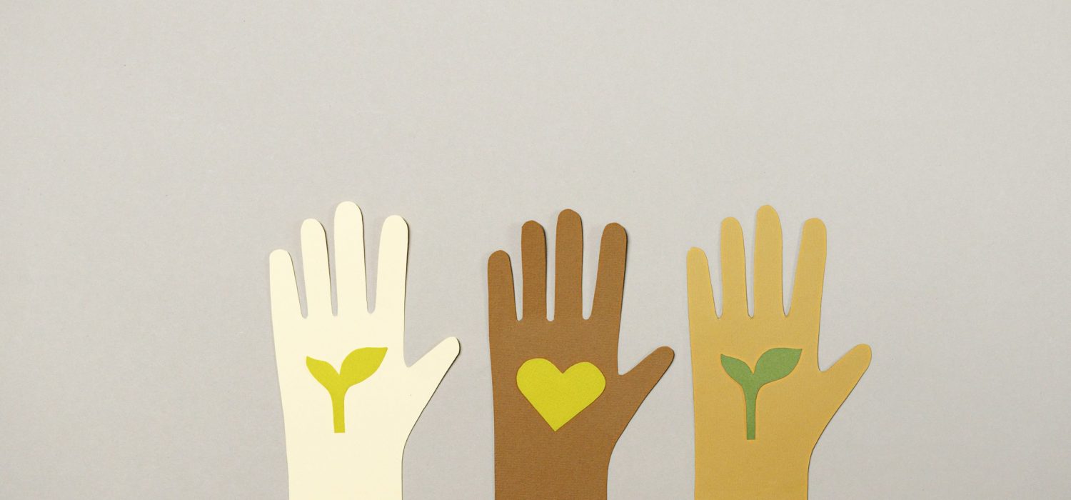 Cartoon hands with different skin tones, rising up for ESG causes