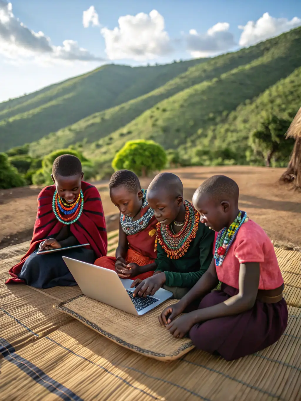 A vibrant photo depicting a group of children in a rural African village using tablets powered by solar energy, showcasing the impact of technology education initiatives funded by RFUBI donations.